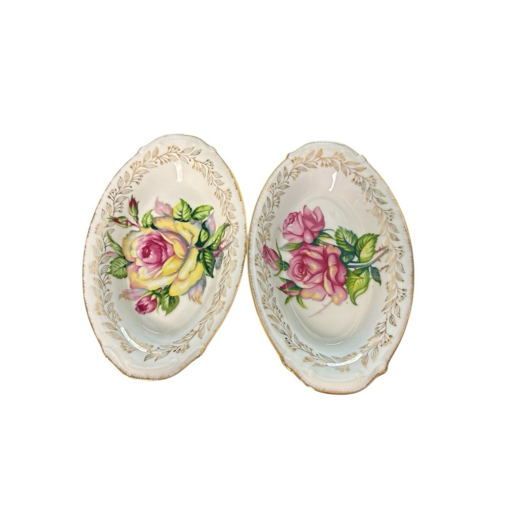 Vintage Bavarian China Germany Oval Rose Bowls Gold Trim Set of 2